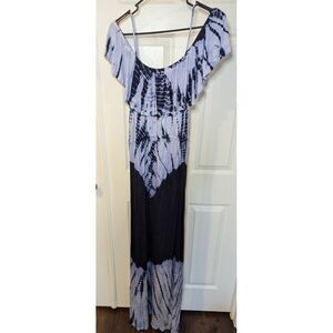 PinkBlush Womens Maternity Off Shoulder Maxi Dress L Large Blue Tie Dye Jersey